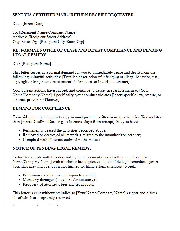 Cease and Desist Compliance and Pending Legal Remedy Notice Letter