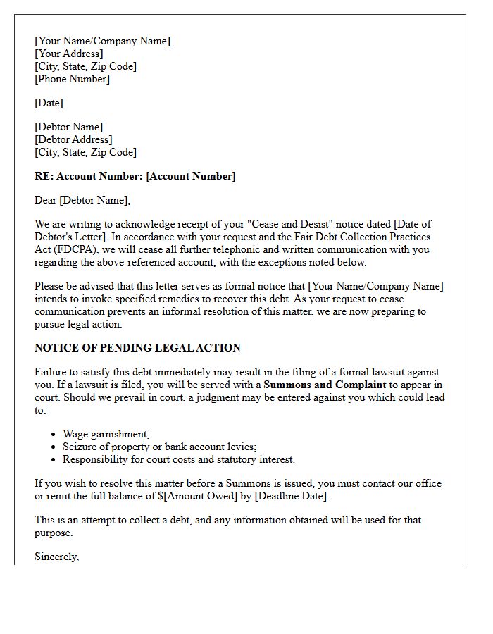 Creditor Cease and Desist Acknowledgment with Summons Warning Letter
