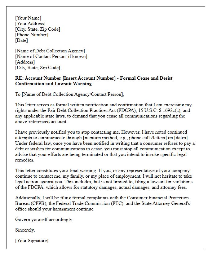Debt Collection Cease and Desist Confirmation and Lawsuit Warning Letter