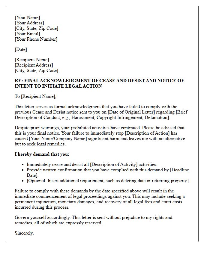 Final Acknowledgment of Cease and Desist and Legal Action Intent Letter