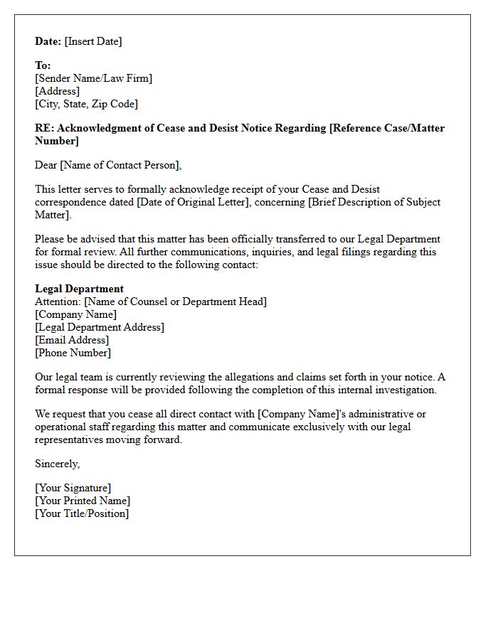 Legal Department Transfer and Cease and Desist Acknowledgment Letter