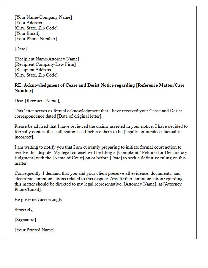 Official Cease and Desist Acknowledgment with Court Action Notification Letter
