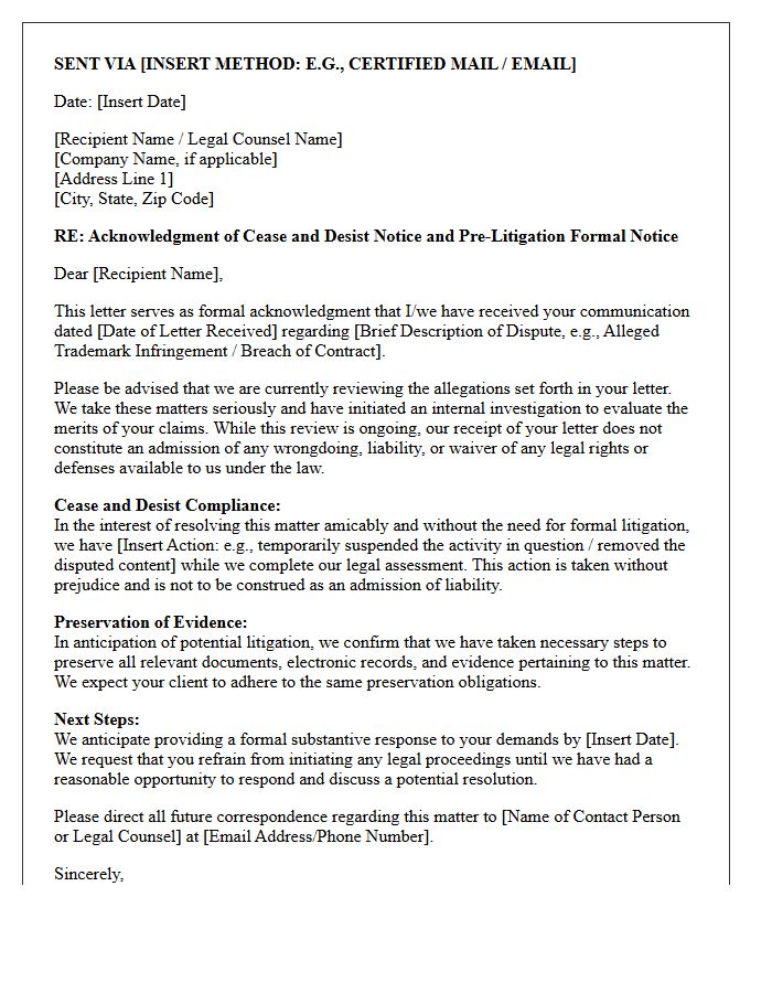 Pre-Litigation Notice and Cease and Desist Acknowledgment Letter