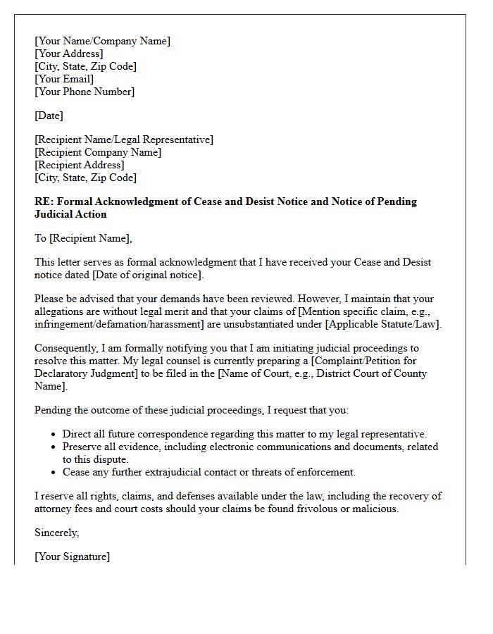 Statutory Cease and Desist Acknowledgment with Judicial Action Letter