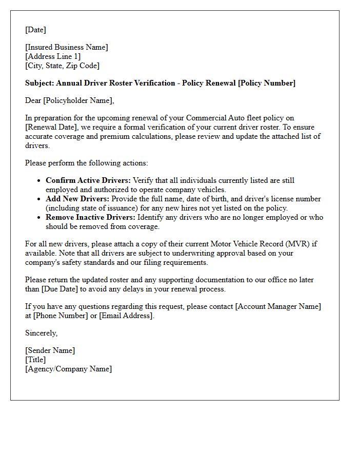 Driver Roster Verification Commercial Auto Fleet Renewal Letter