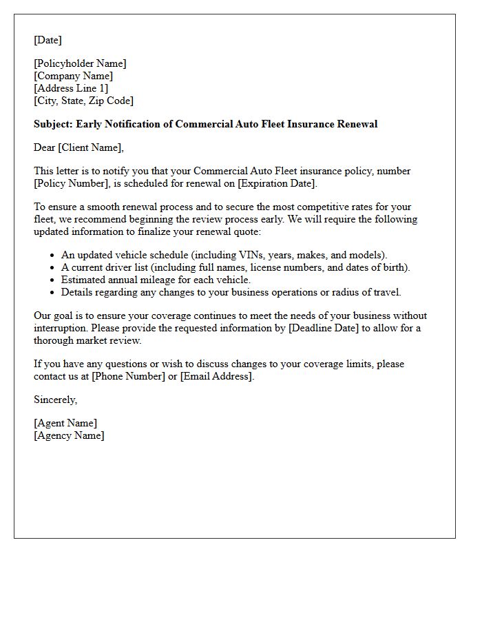 Early Notification Commercial Auto Fleet Renewal Letter