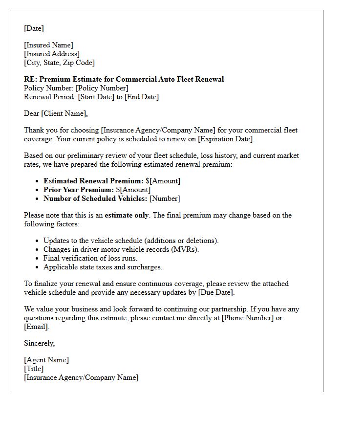 Premium Estimate Commercial Auto Fleet Renewal Letter