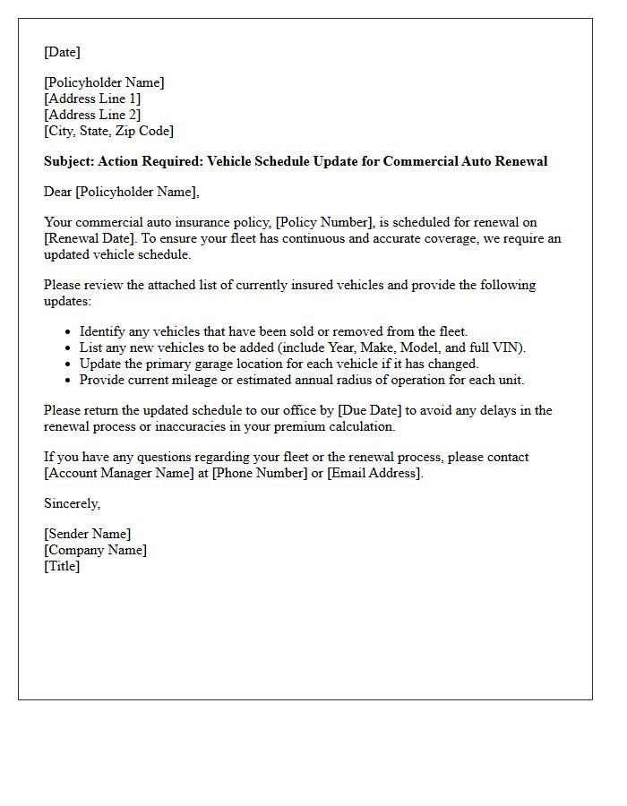 Vehicle Schedule Update Commercial Auto Fleet Renewal Letter