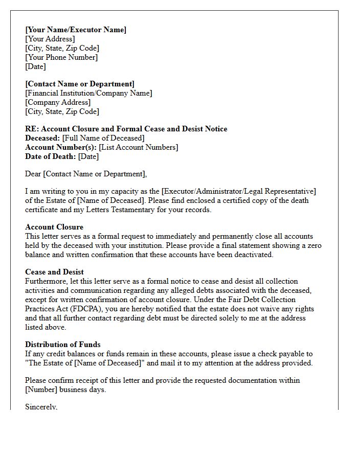 Account Closure And Cease And Desist Acknowledgment Letter For Deceased Estate