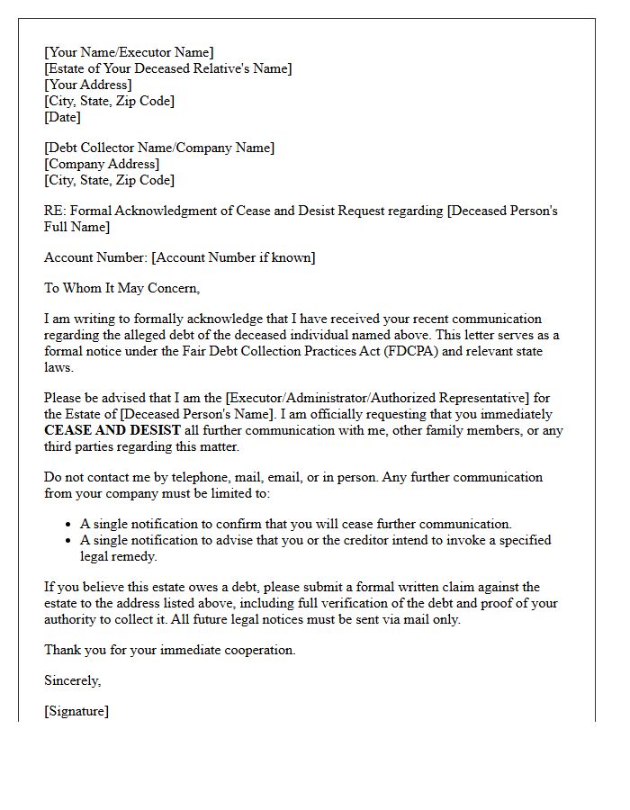 Acknowledgment Letter For Deceased Estate Cease And Desist Request