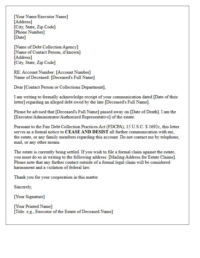 Acknowledgment Letter Of Estate Cease And Desist For Deceased Debtor