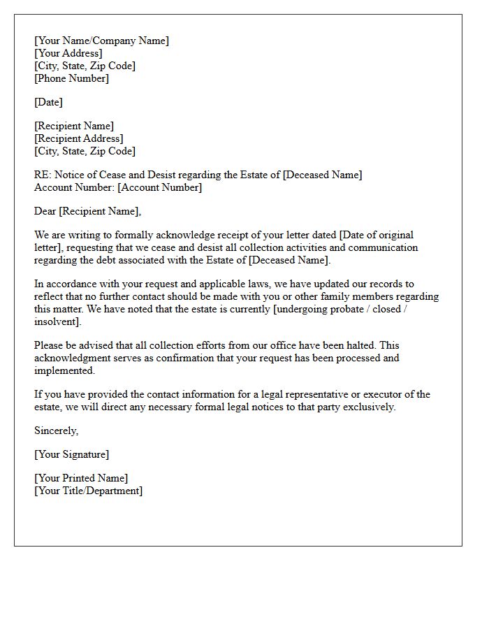 Acknowledgment Of Cease And Desist Letter For Deceased Debtor Estate