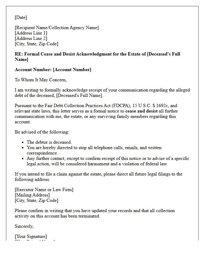 Deceased Debtor Account Cease And Desist Acknowledgment Letter