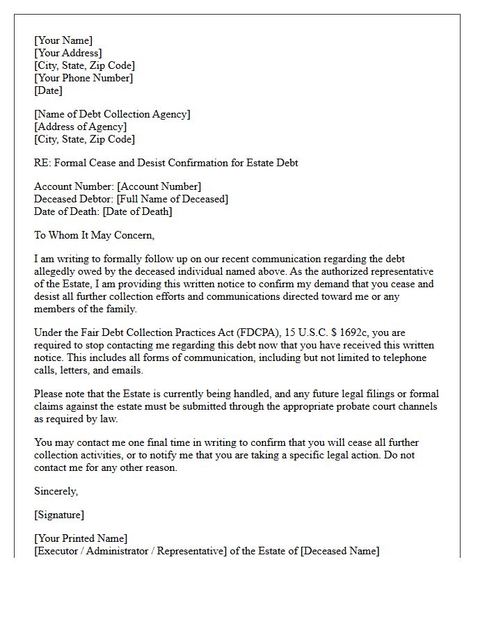 Deceased Debtor Cease And Desist Confirmation Letter For Estate