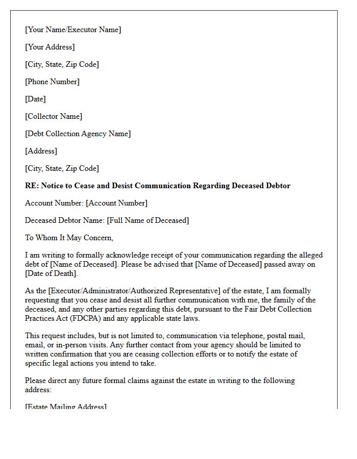 Deceased Debtor Estate Cease And Desist Acknowledgment Letter