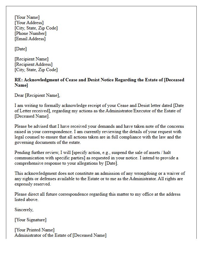 Estate Administrator Cease And Desist Acknowledgment Letter