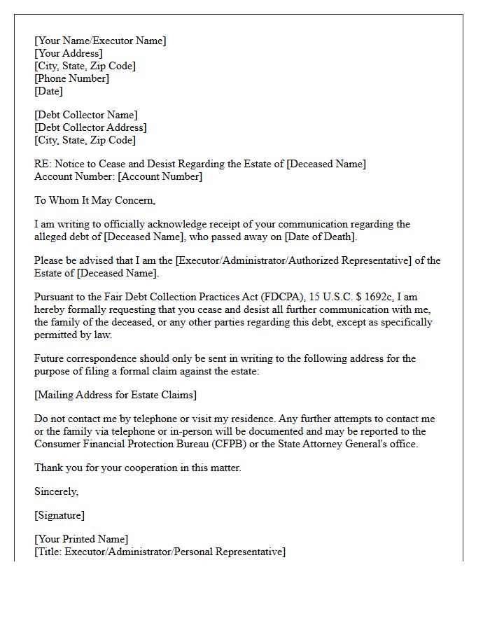 Estate Cease And Desist Acknowledgment Letter For Deceased Debtor