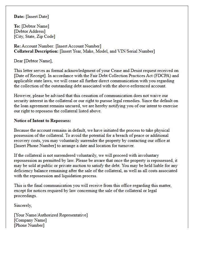 Cease and Desist Acknowledgment and Collateral Repossession Intent Letter