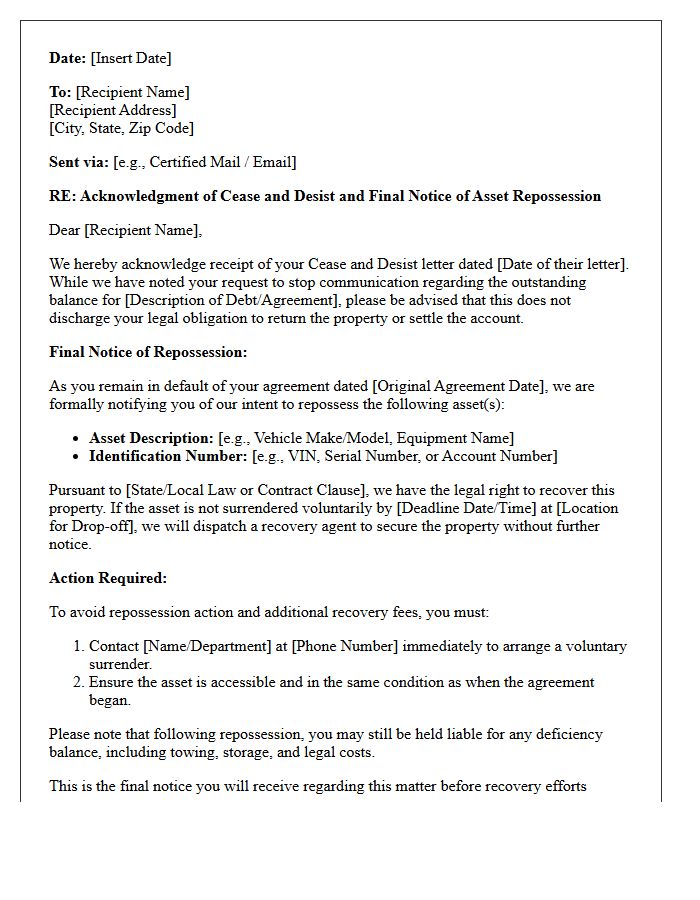 Cease and Desist Receipt Acknowledgment and Asset Repossession Warning Letter