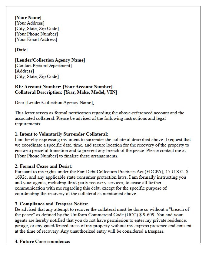 Collateral Recovery Intent and Cease and Desist Compliance Letter