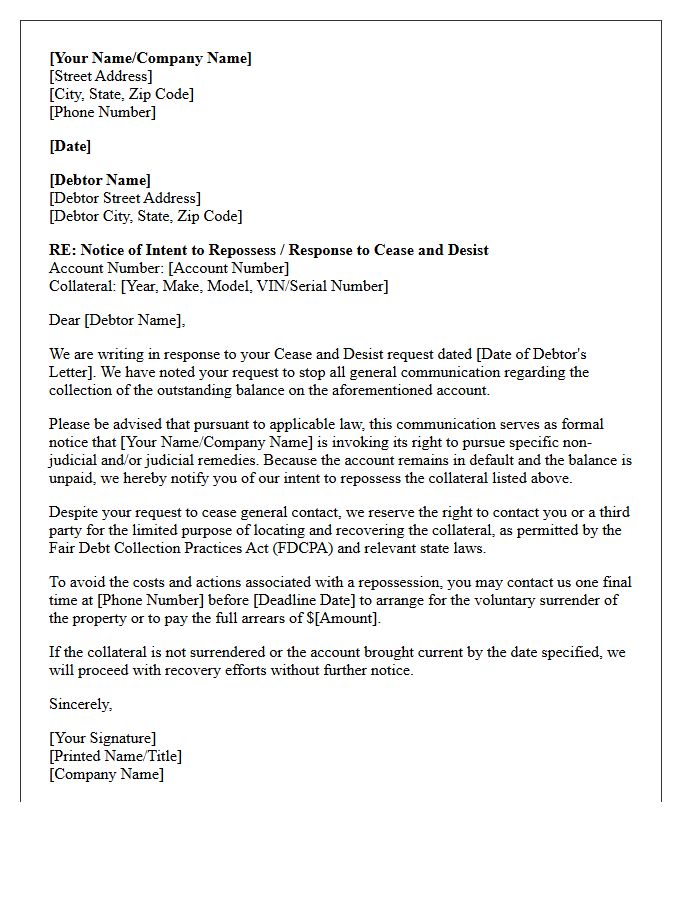 Debt Collection Cease and Desist Response and Repossession Intent Letter