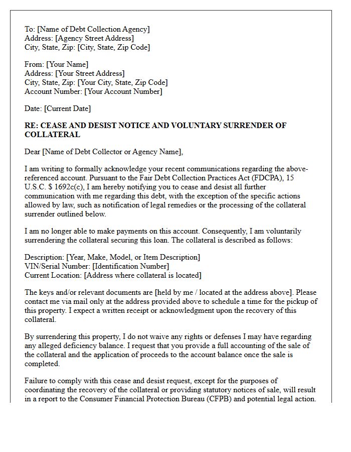 Debt Collector Cease and Desist Acknowledgment and Collateral Surrender Letter