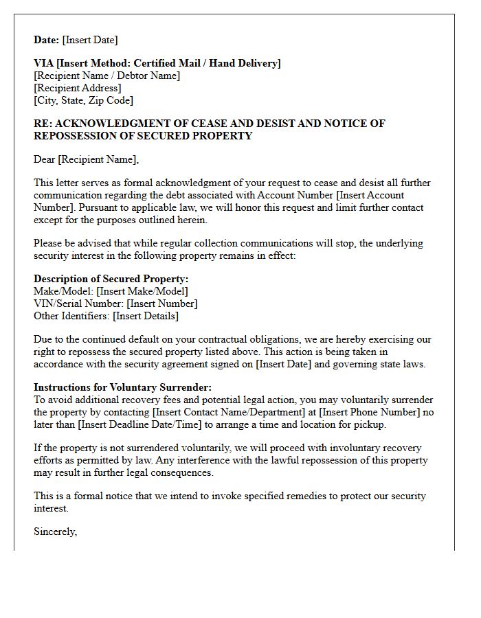 Formal Cease and Desist Acknowledgment and Secured Property Repossession Letter