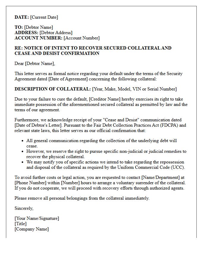 Intent to Recover Secured Collateral and Cease and Desist Confirmation Letter