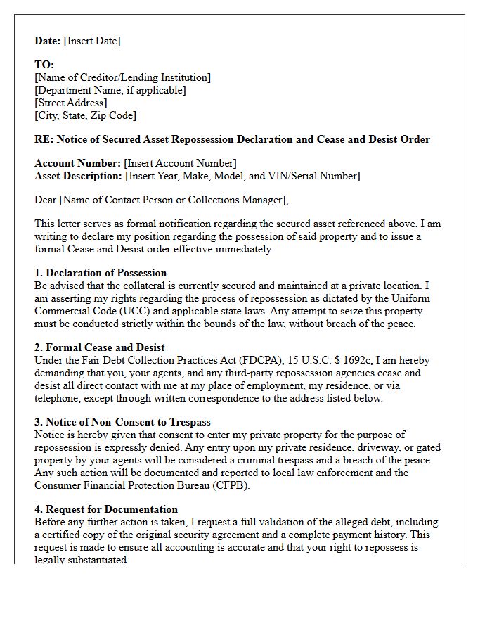 Secured Asset Repossession Declaration and Cease and Desist Agreement Letter