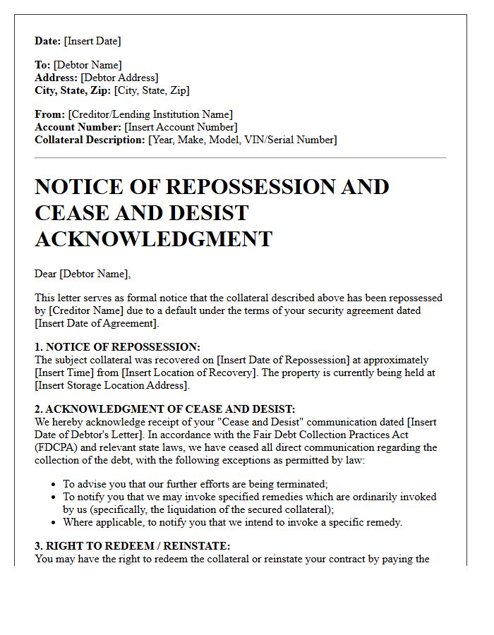 Secured Collateral Repossession Notice and Cease and Desist Acknowledgment Letter