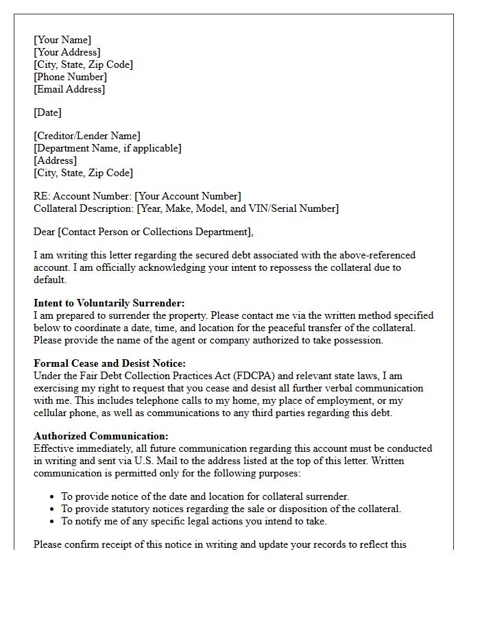 Secured Debt Repossession Intent and Communication Cease and Desist Acknowledgment Letter