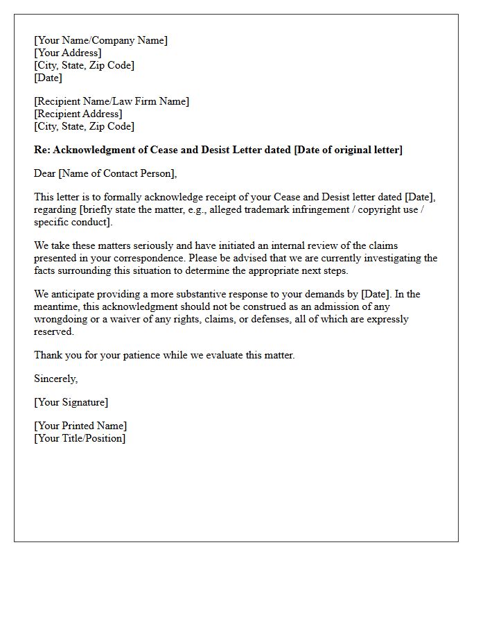 Cease and Desist Acknowledgment Letter
