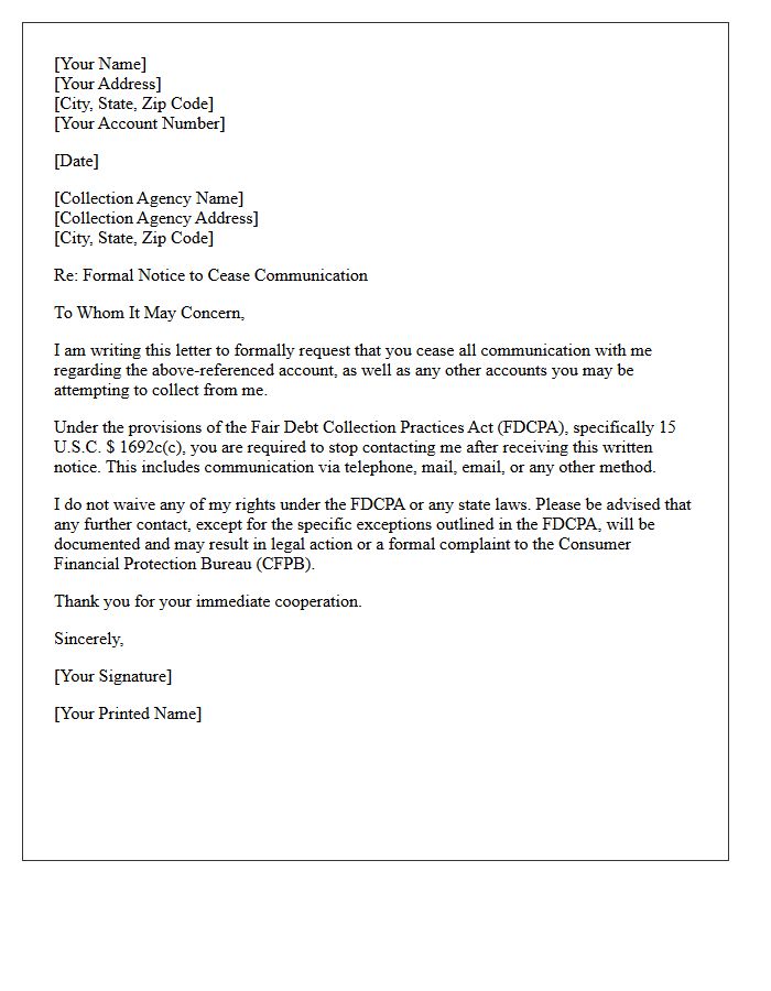 Debt Collection Communication Cessation Letter