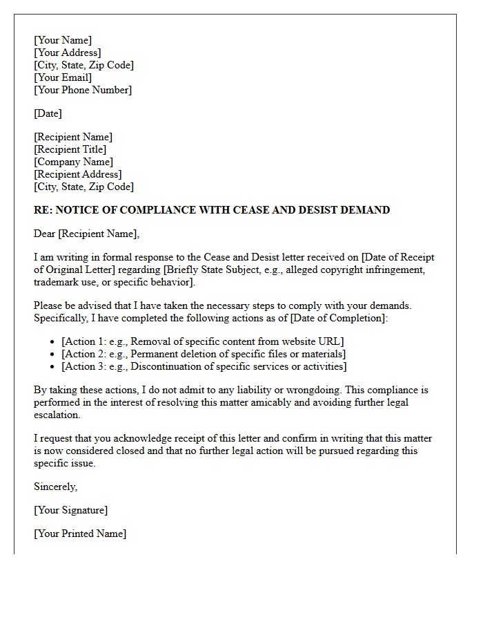 Official Cease and Desist Compliance Letter