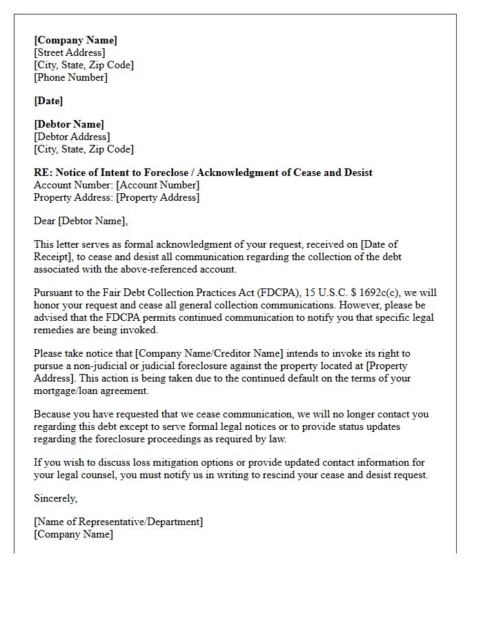 Debt Collection Cease and Desist Acknowledgment Letter with Intent to Foreclose