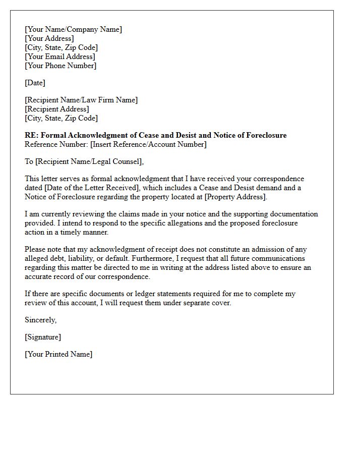 Formal Acknowledgment Letter of Cease and Desist with Foreclosure Notice