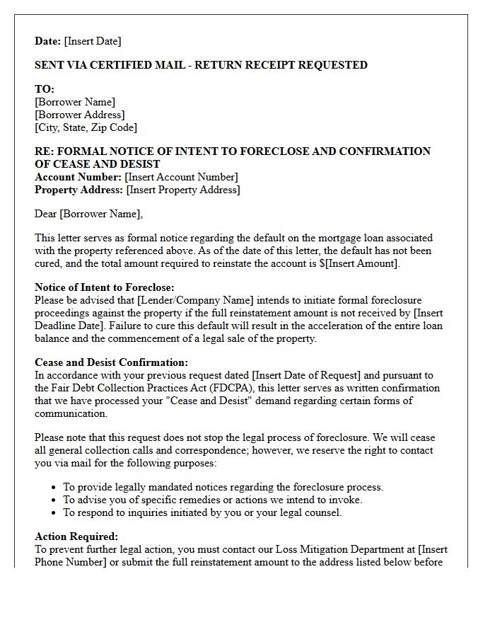 Formal Notice of Foreclosure Intent and Cease and Desist Confirmation Letter