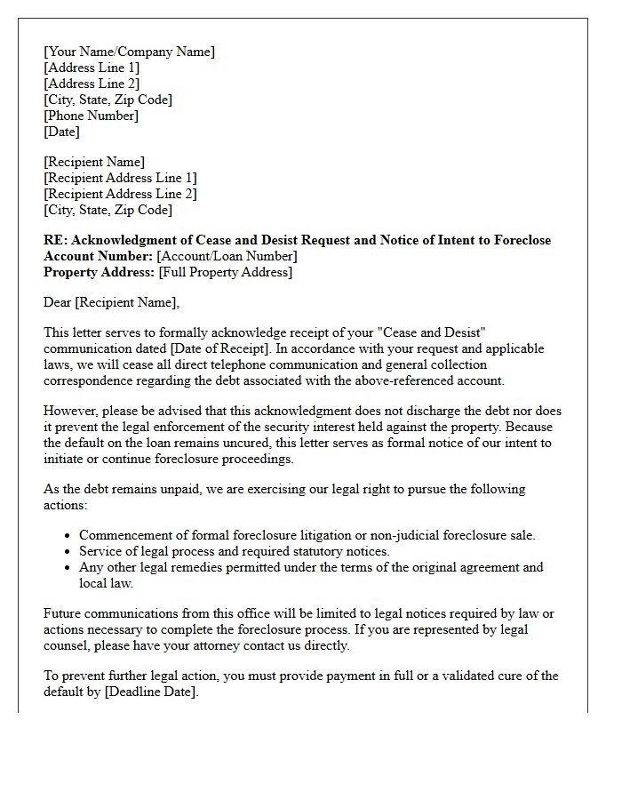 Letter of Cease and Desist Acknowledgment Alongside Notice of Foreclosure Intent