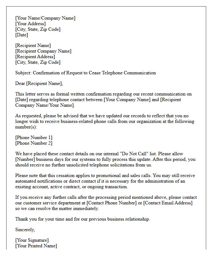 Business Phone Call Cessation Confirmation Letter