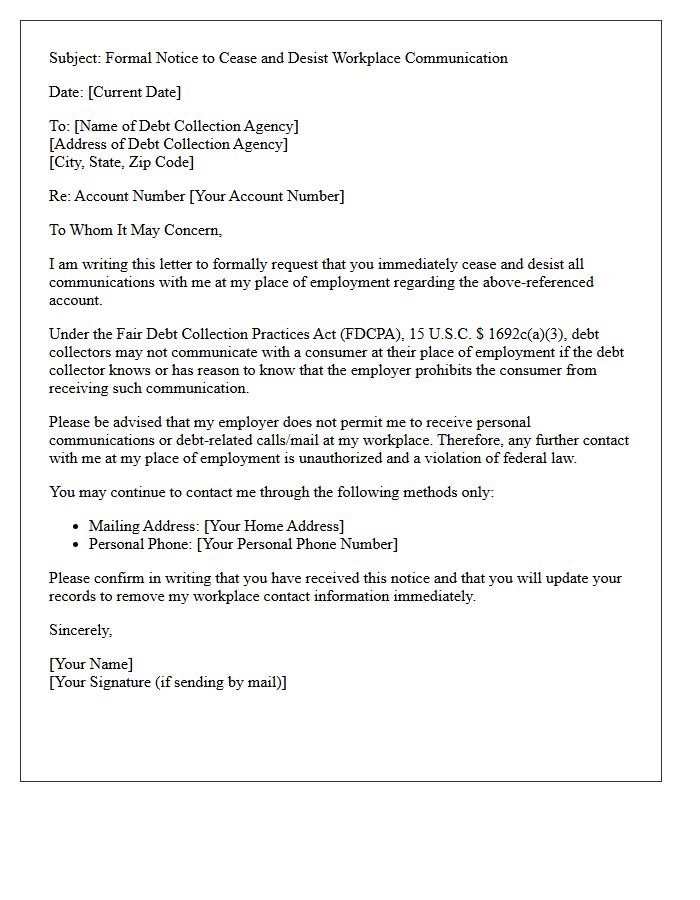 Debt Collection Workplace Communication Cease and Desist Response Letter