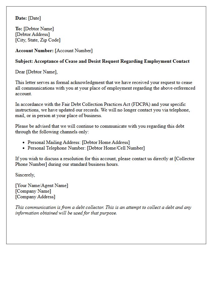 Debtor Employment Contact Cease and Desist Acceptance Letter