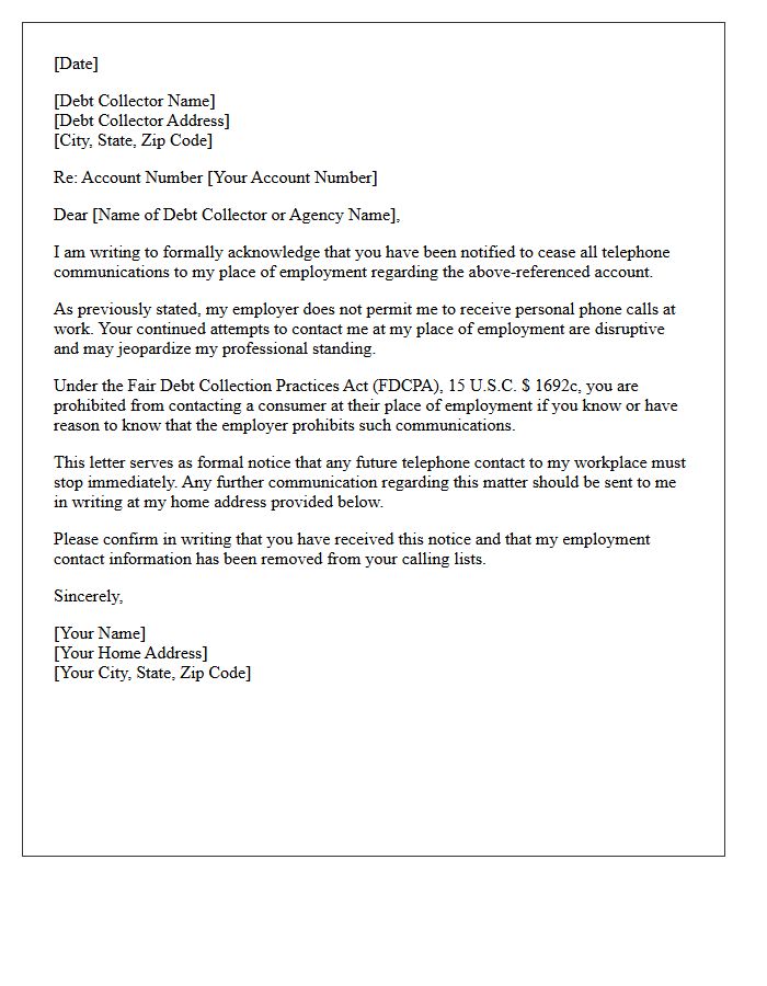 Employer Telephone Cease and Desist Acknowledgment Letter