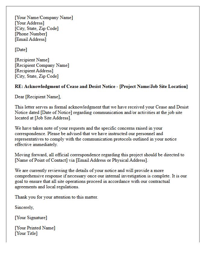 Job Site Communication Cease and Desist Notice Acknowledgment Letter