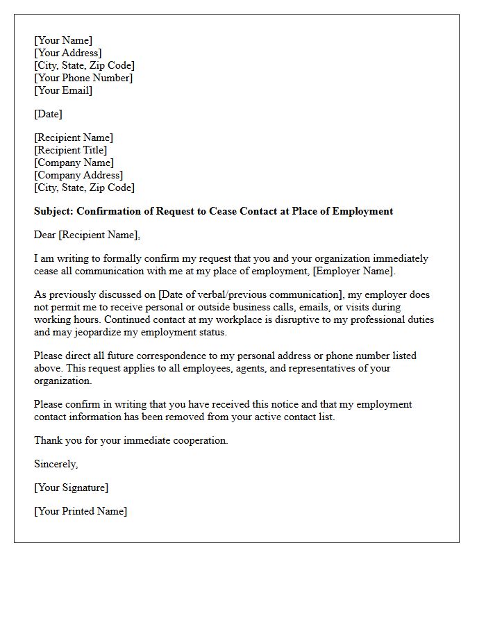 Place of Employment Contact Cessation Confirmation Letter