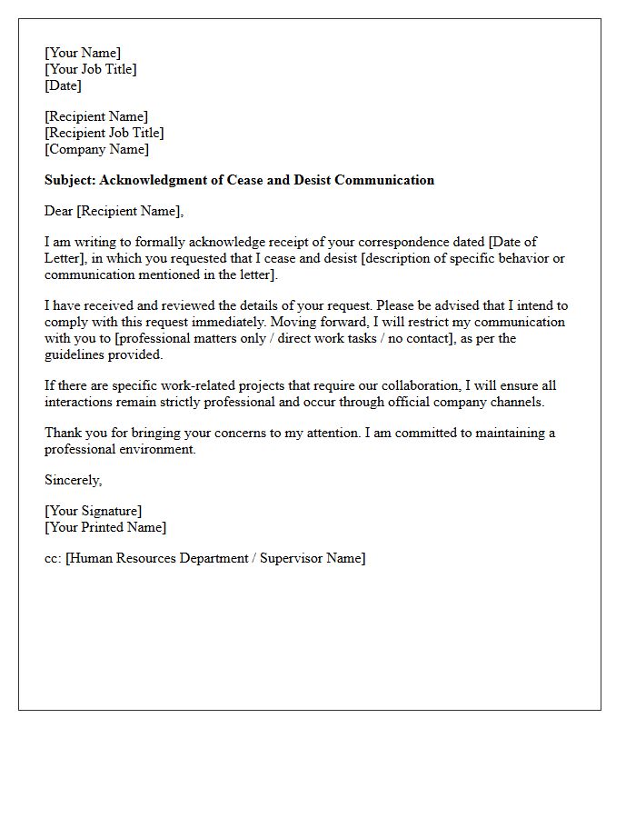 Workplace Communication Cease and Desist Acknowledgment Letter