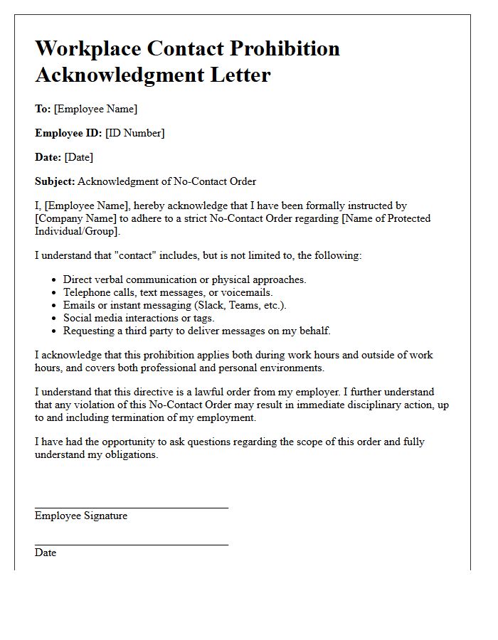 Workplace Contact Prohibition Acknowledgment Letter