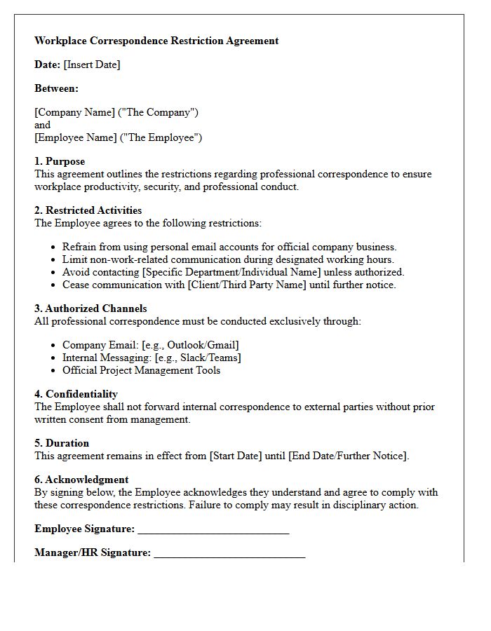 Workplace Correspondence Restriction Agreement Letter