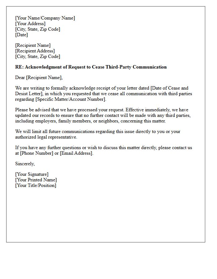 Acknowledgment Letter for Third-Party Communication Cease and Desist