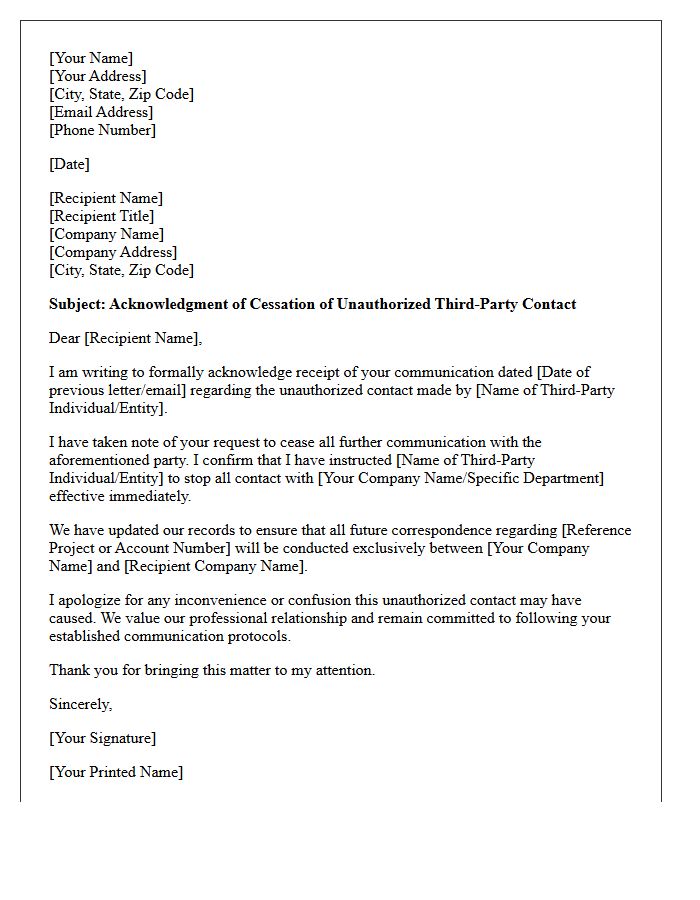 Acknowledgment Letter Regarding Unauthorized Third-Party Contact Cessation
