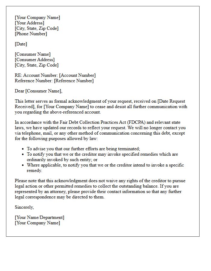 Debt Collection Third-Party Cease and Desist Acknowledgment Letter